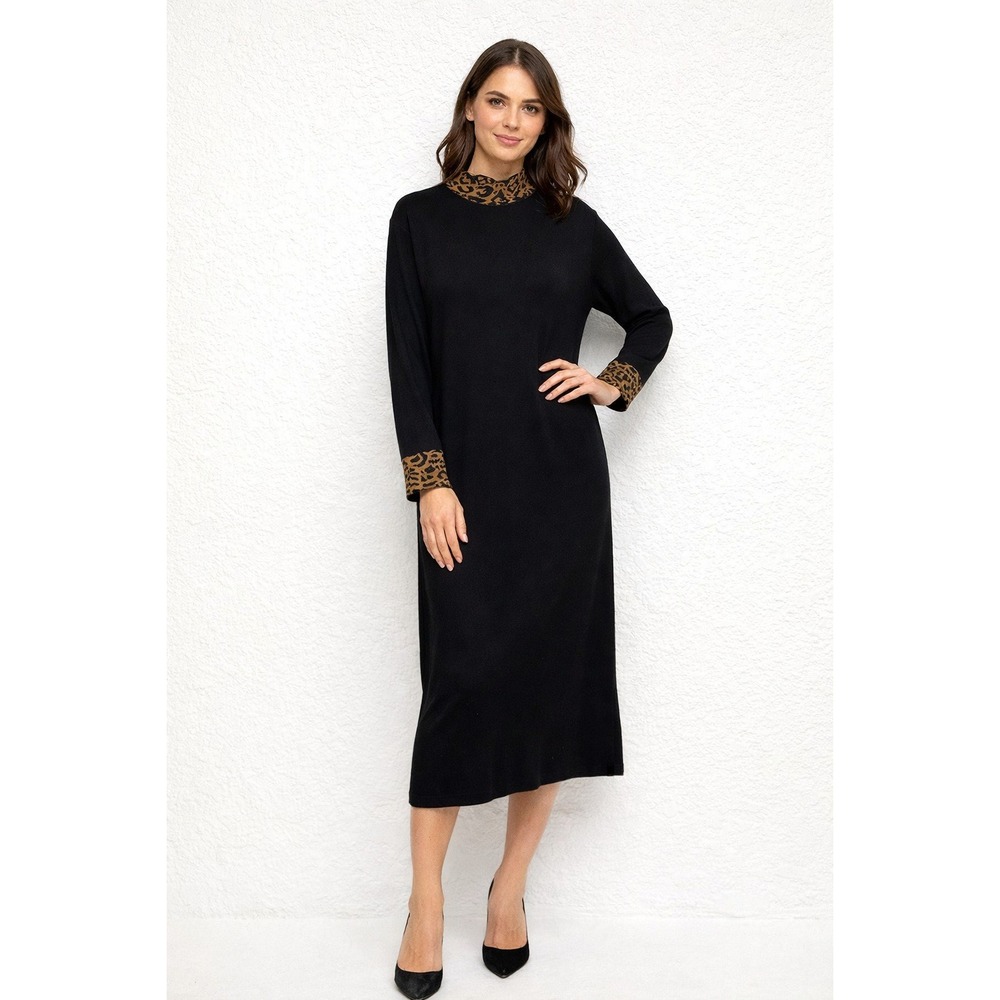 Vintage Nina Leonard Sweater Dress Womens 2XL Leopard Collar Black Animal Print‎
